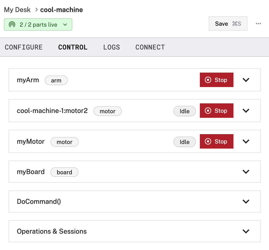 CONTROL tab for the main part that lists the main arm, and the sub part motor component.