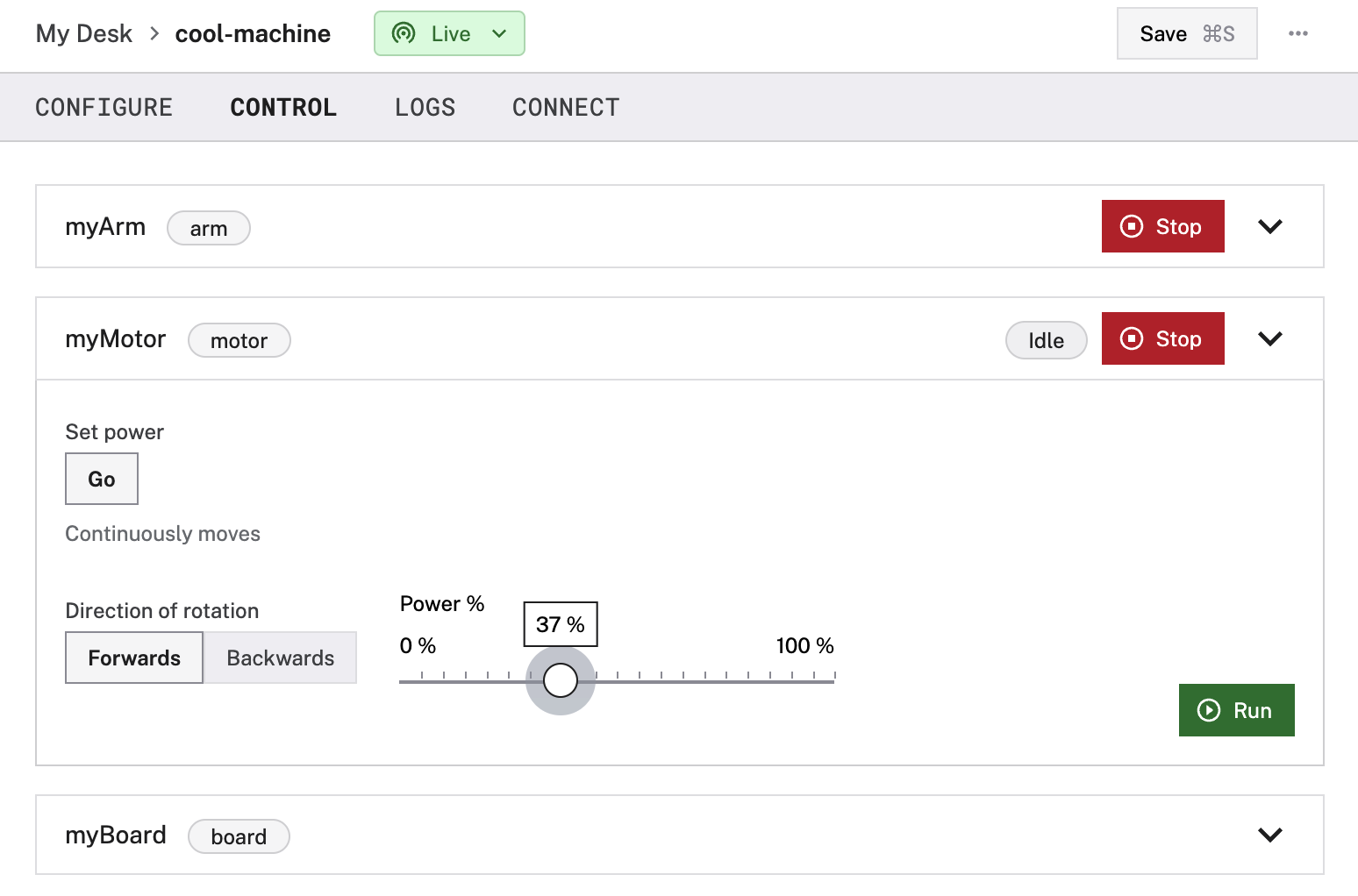 The Control tab with the fake arm, and motor components.