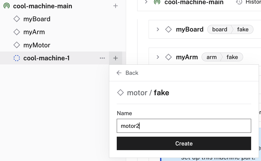 The CONFIGURE tab. A new fake motor component called motor2 is being created under the sub-part.